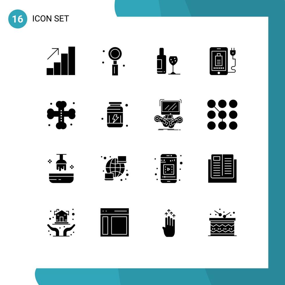 16 glifos sólidos universais definidos para aplicativos da web e móveis plugue cruzado beber elementos de design de vetores editáveis móveis completos