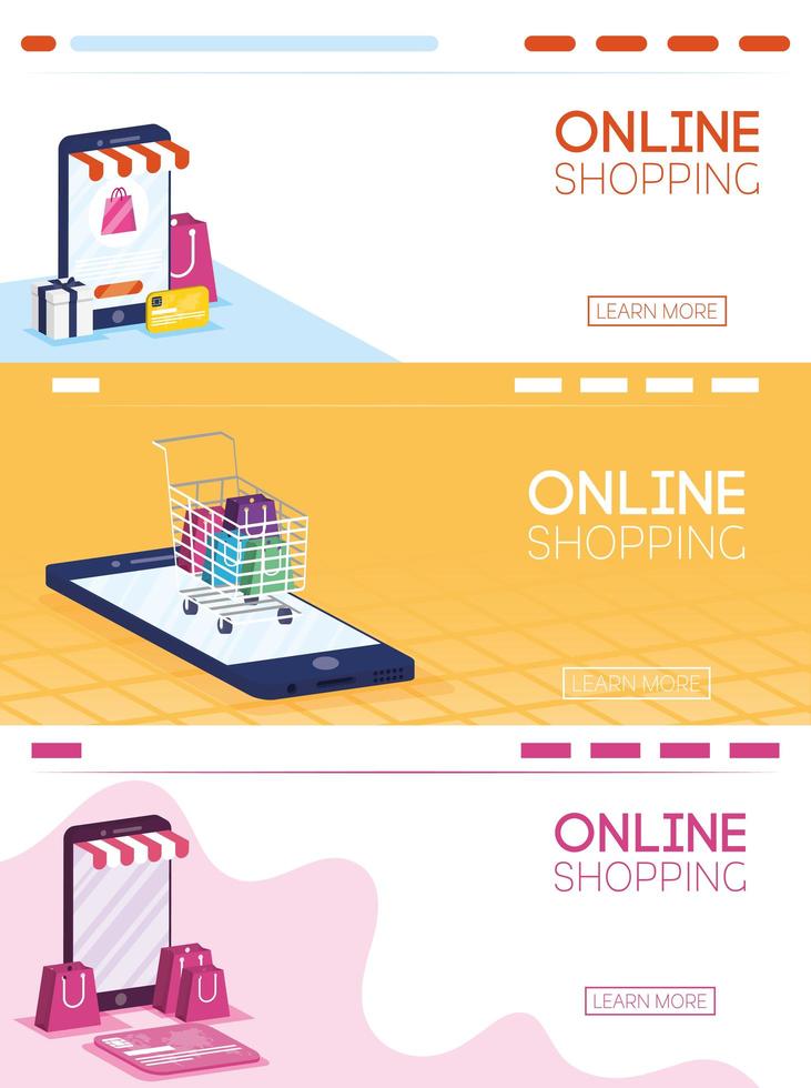 conjunto de banners de compras online e comércio eletrônico vetor