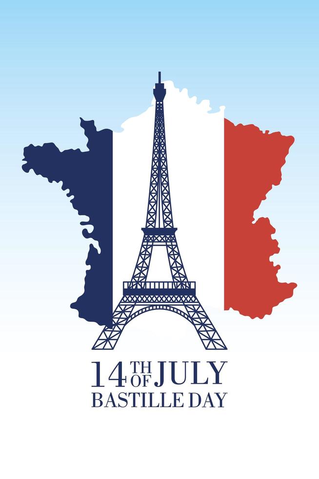 cartão comemorativo do dia da bastilha com ícones franceses vetor