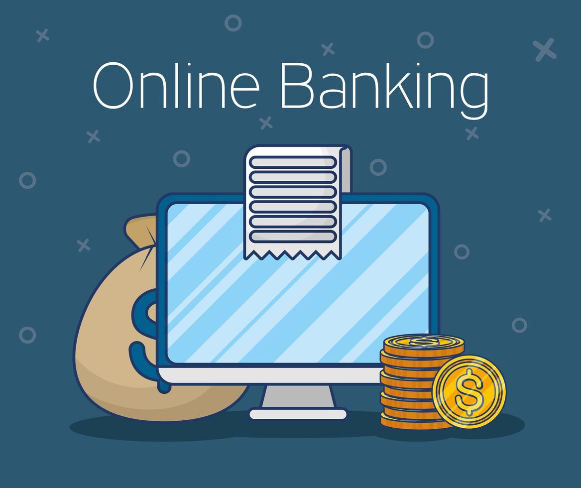 tecnologia de banco online com computador desktop vetor