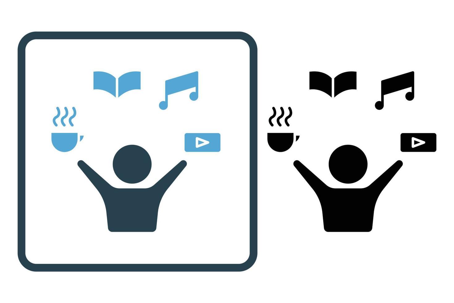 ilustração do ícone do passatempo. ícone de pessoas com xícara de café, livro, música, vídeo. ícone relacionado ao estilo de vida. estilo de ícone sólido. design vetorial simples editável vetor