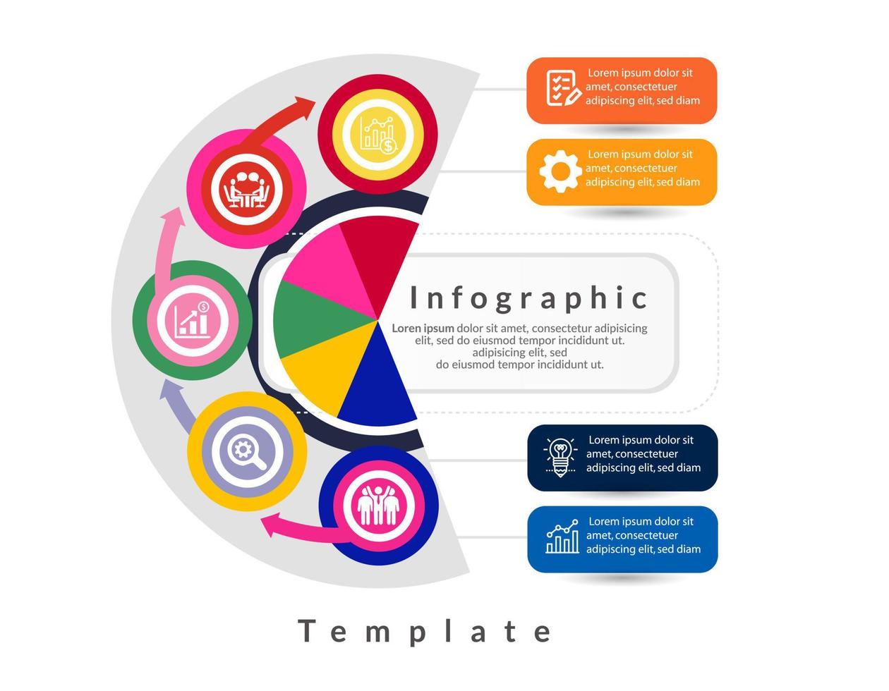 design de modelo de infográfico de negócios. infográfico de diagrama de círculo realista. visualização de dados de relatório anual de negócios modernos. elemento de apresentação infográfico de linha do tempo plana. vetor