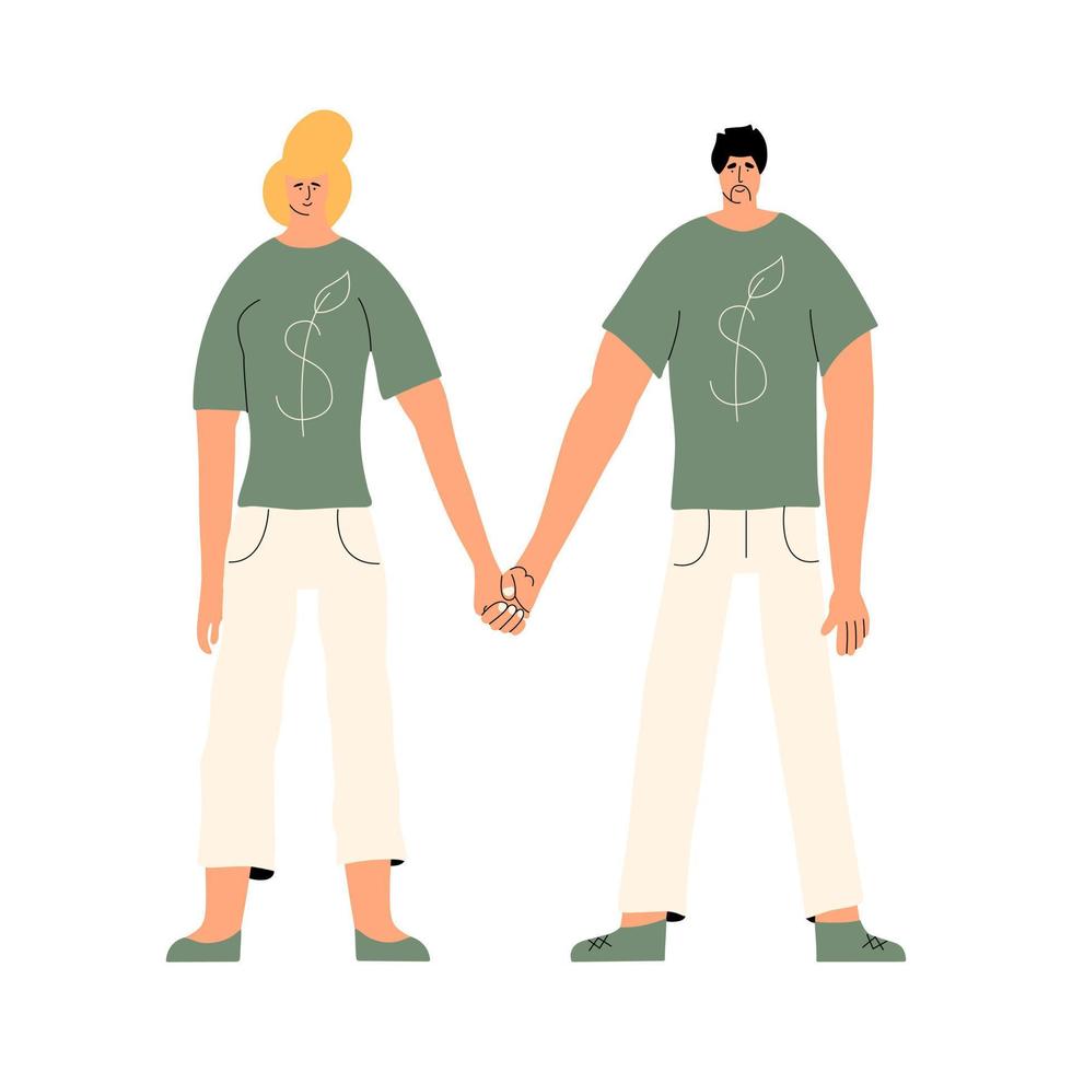 conceito esg. ilustração vetorial de governança ambiental, social e corporativa em estilo simples. dois personagens em camisetas verdes estão de mãos dadas. negócios conjuntos. vetor