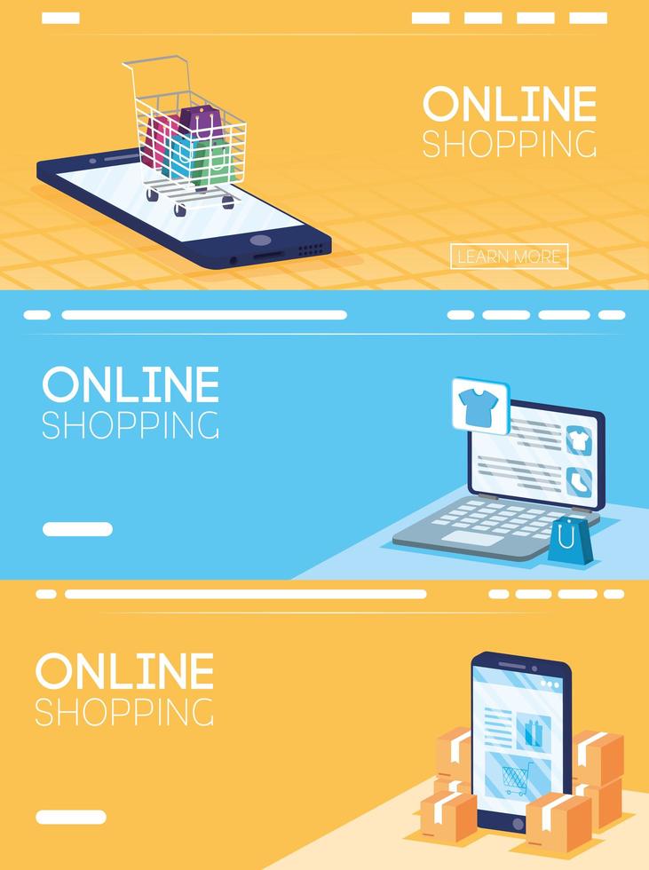 conjunto de banners de compras online e comércio eletrônico vetor