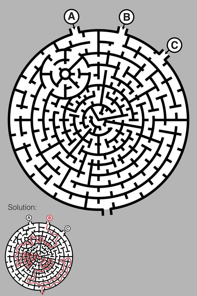 labirinto em forma circular formado por linhas concêntricas em preto e branco com três opções de entradas e uma saída, inclui a solução do labirinto vetor