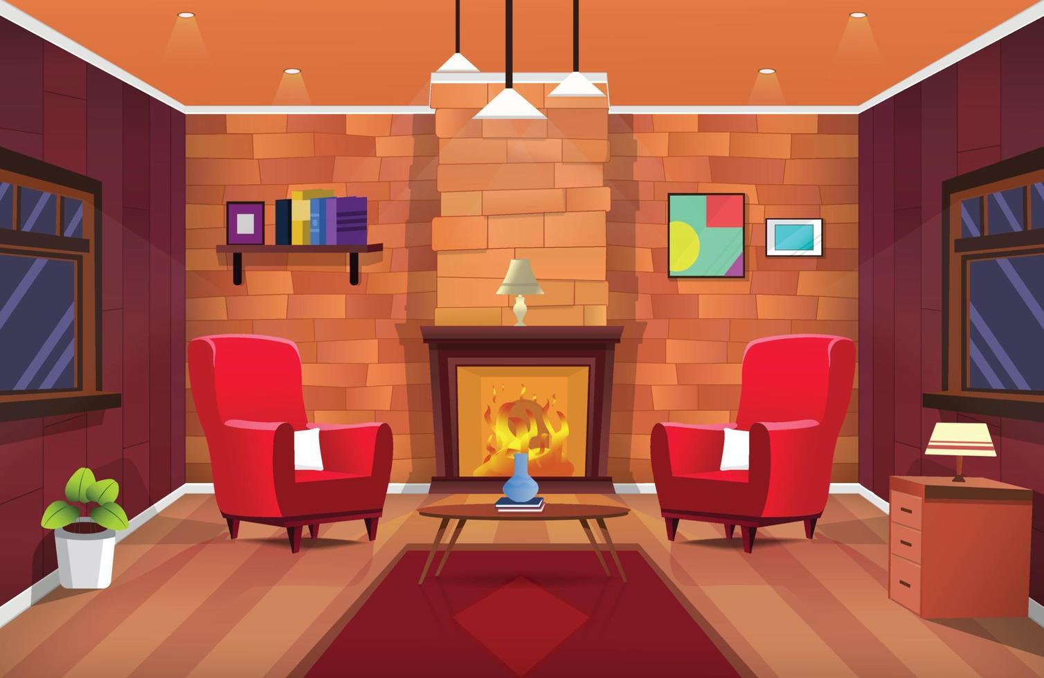 ilustração em vetor de belo interior quente, sala de estar com lareira. fundo dos desenhos animados do tempo frio de inverno.