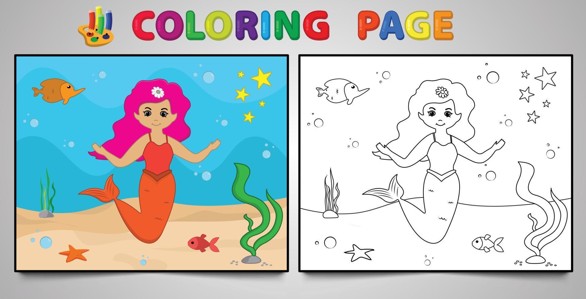 página de coloração de sereia de desenho animado nº 16 página de atividade infantil com ilustração vetorial de arte de linha vetor