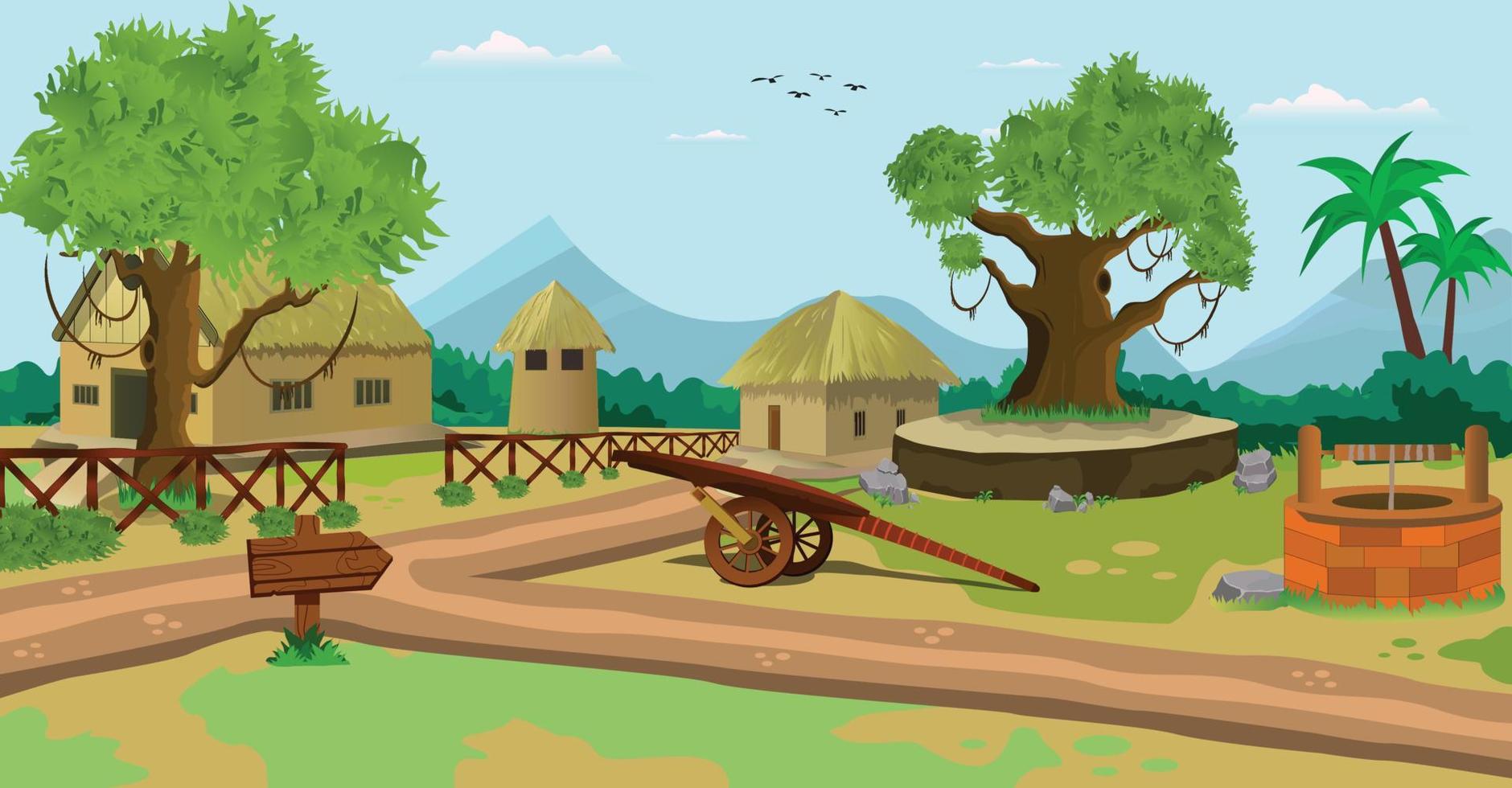 ilustração vetorial de cena de vila de fundo dos desenhos animados com cidade de casas antigas. vetor