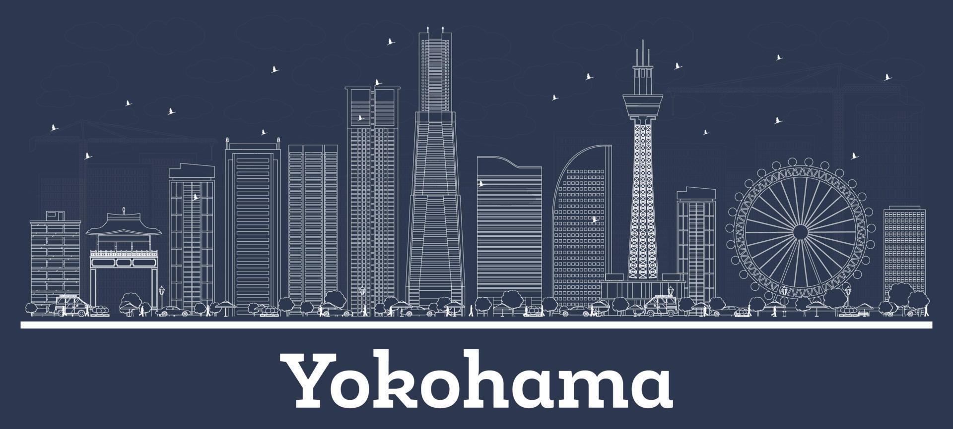 delineie o horizonte da cidade de yokohama japão com edifícios brancos. vetor