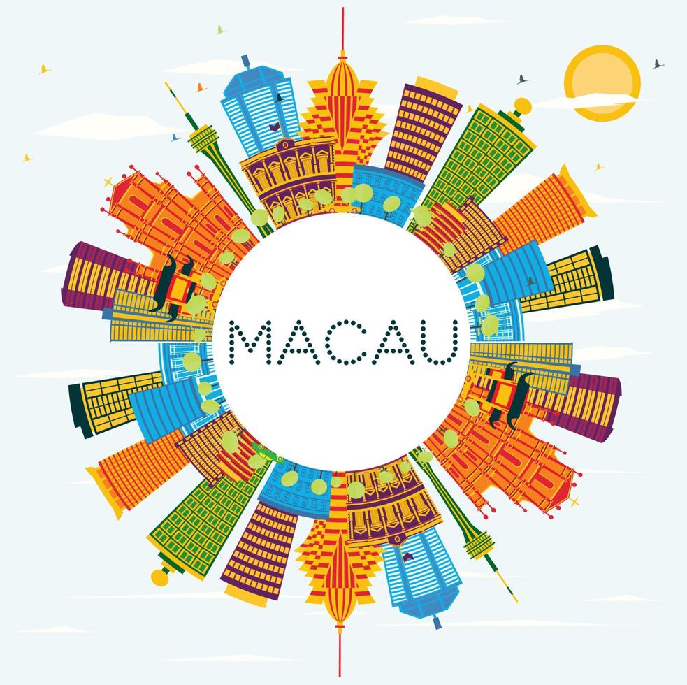 horizonte da cidade de macau china com edifícios coloridos, céu azul e espaço para texto. vetor