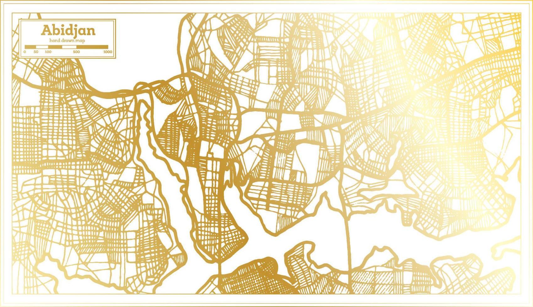 mapa da cidade da costa do marfim de abidjan em estilo retrô na cor dourada. mapa de contorno. vetor