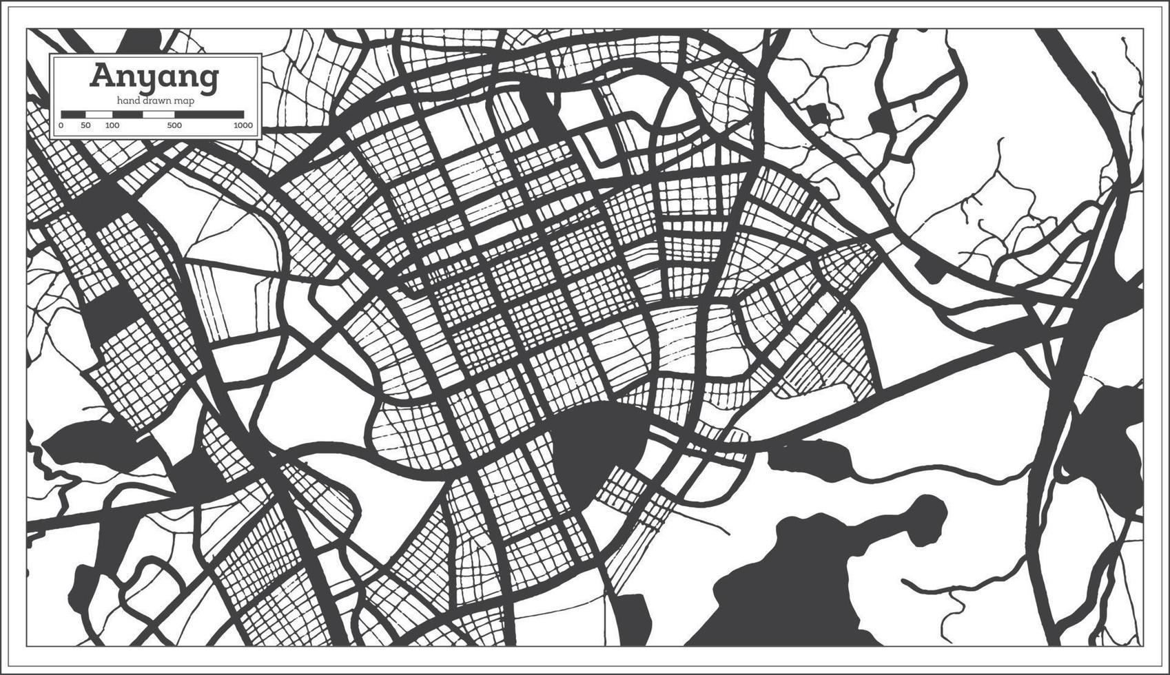 Mapa da cidade de Anyang Coreia do Sul na cor preto e branco em estilo retrô. vetor