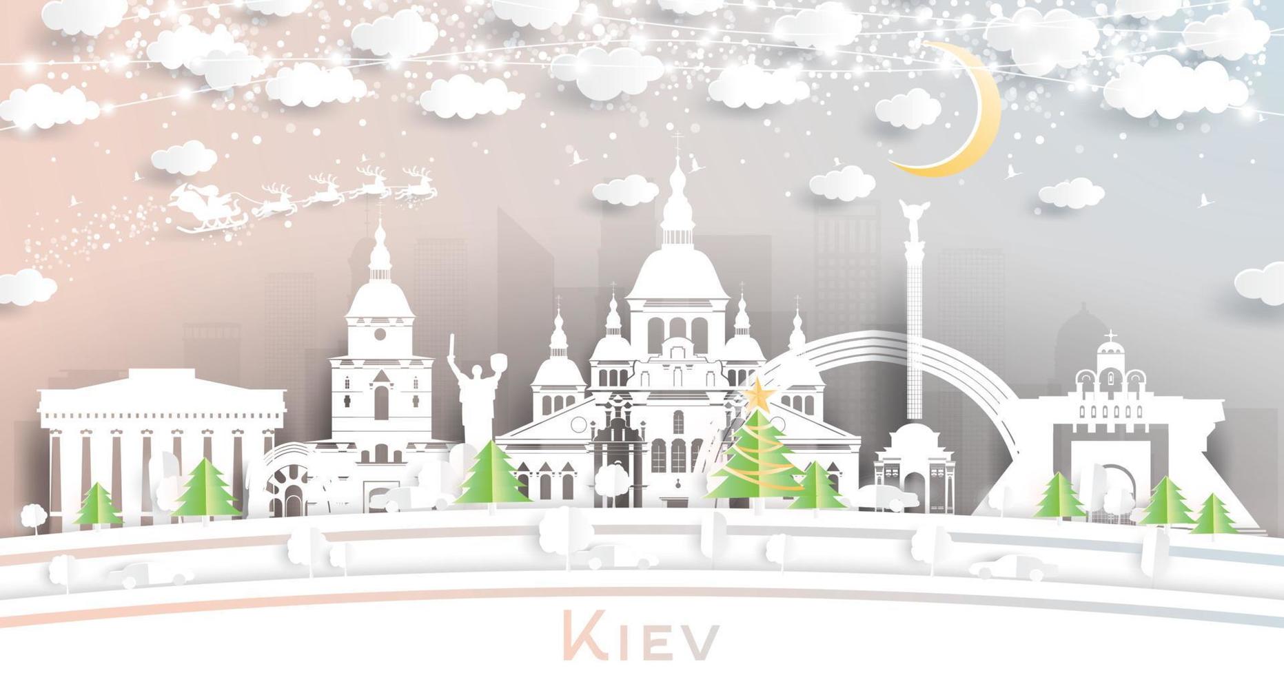 Skyline da cidade de Kiev, Ucrânia, em estilo de corte de papel com flocos de neve, lua e guirlanda de néon. vetor