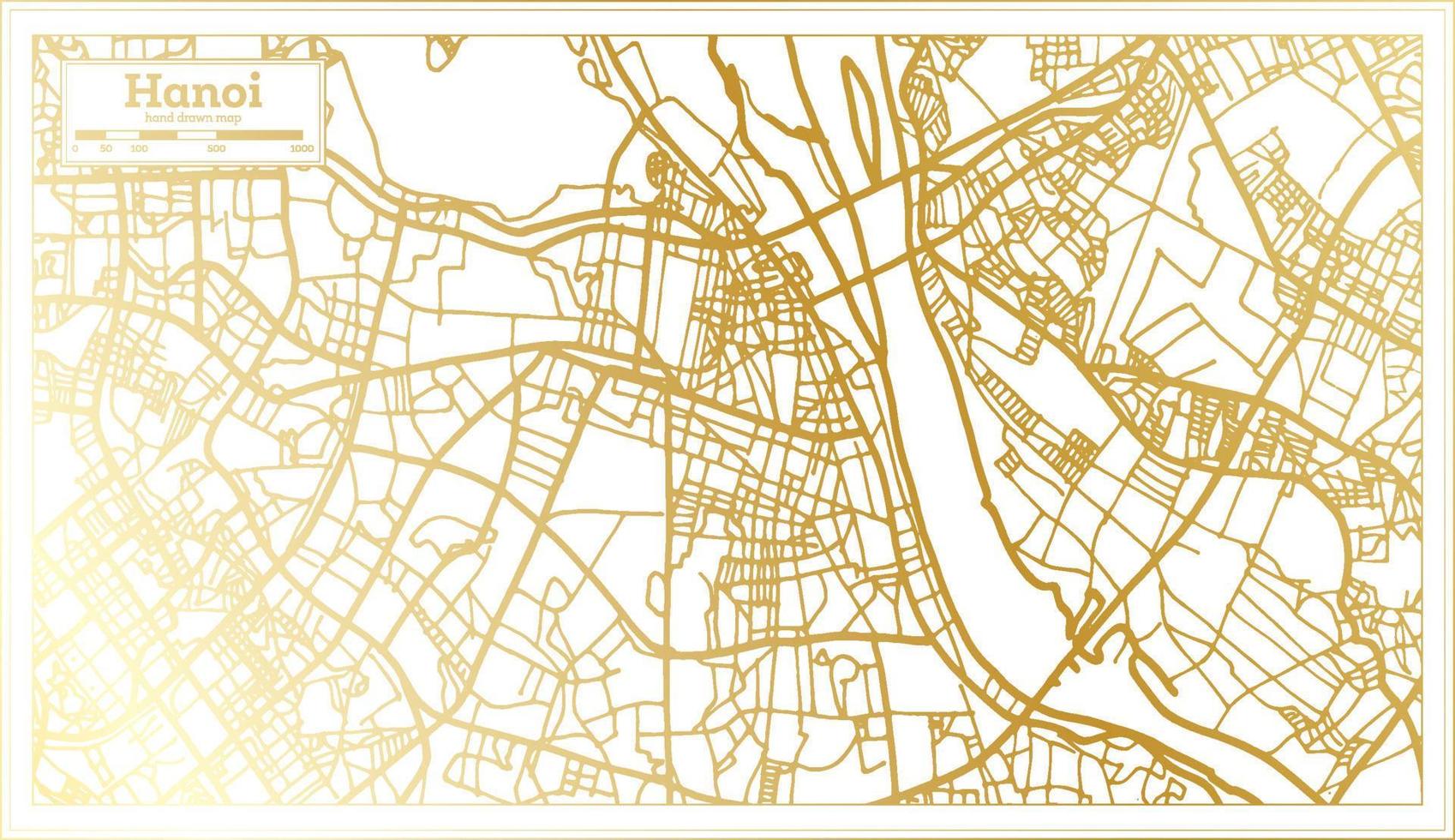 mapa da cidade de hanoi vietnam em estilo retrô na cor dourada. mapa de contorno. vetor