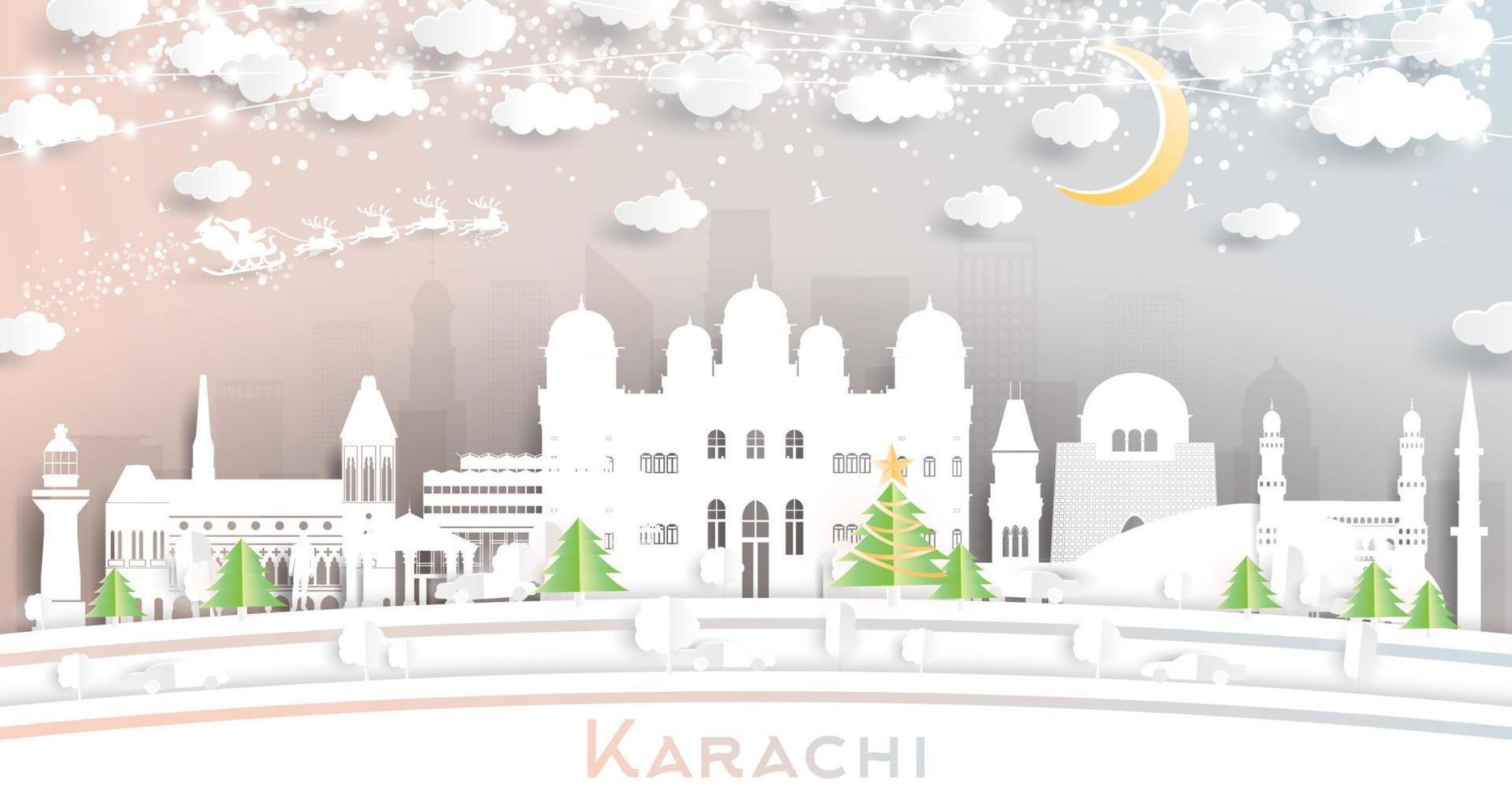 horizonte da cidade de karachi paquistão em estilo de corte de papel com flocos de neve, lua e guirlanda de néon. vetor