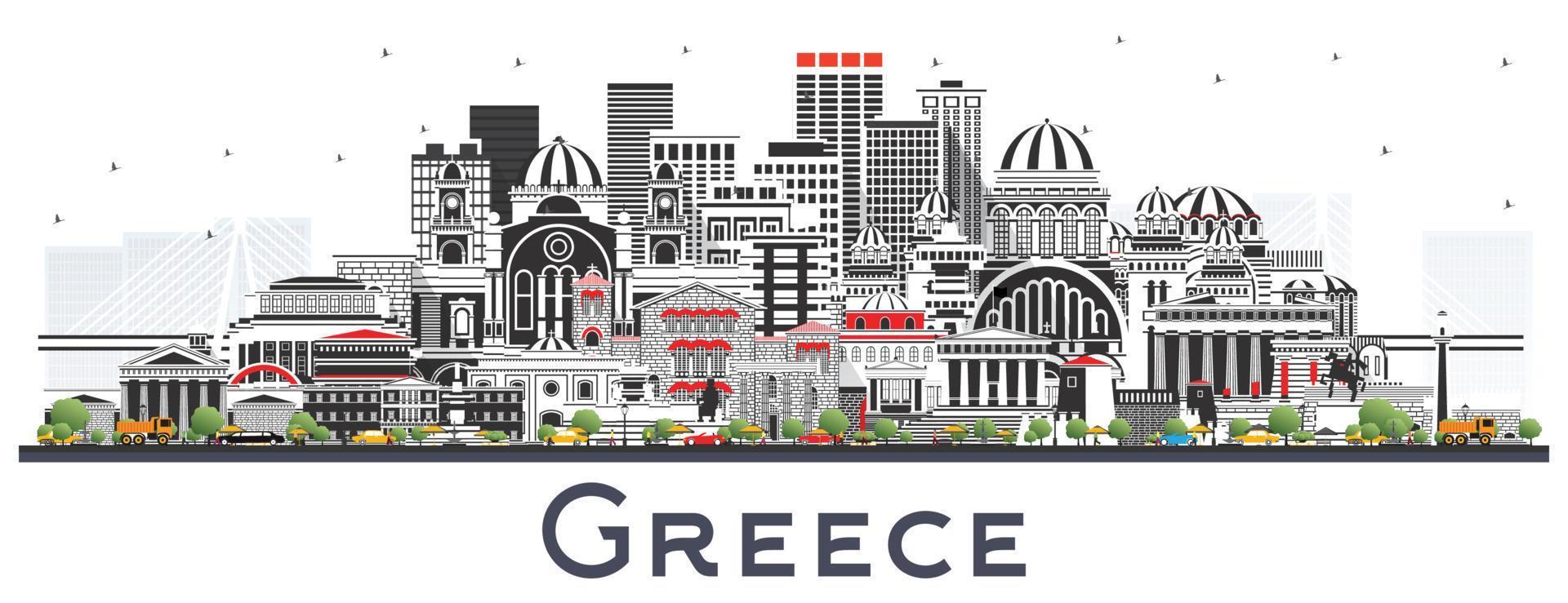 Bem-vindo ao horizonte da cidade da Grécia com edifícios cinza isolados no branco. vetor