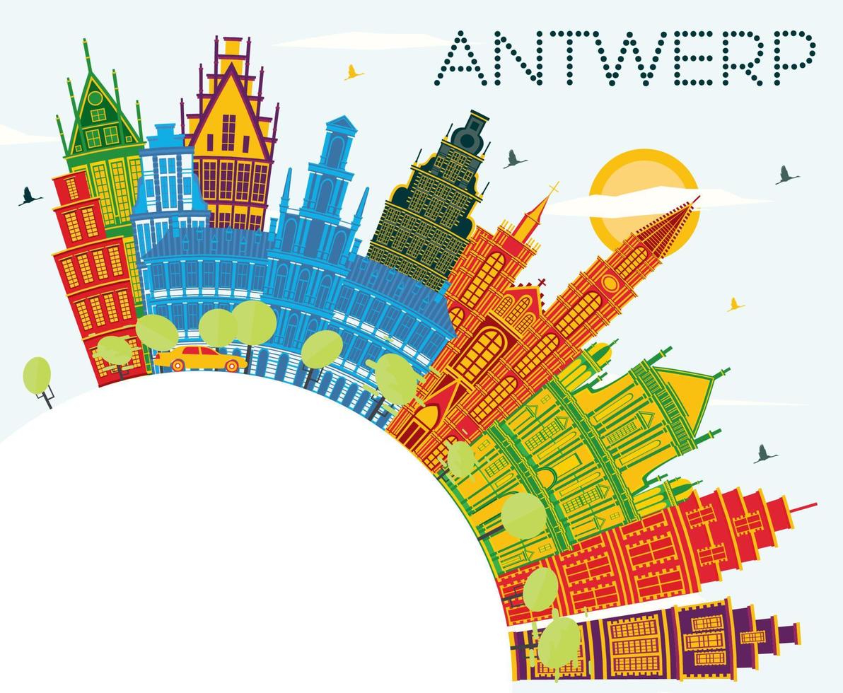 Skyline da cidade de Antuérpia Bélgica com edifícios de cor, céu azul e espaço de cópia. vetor