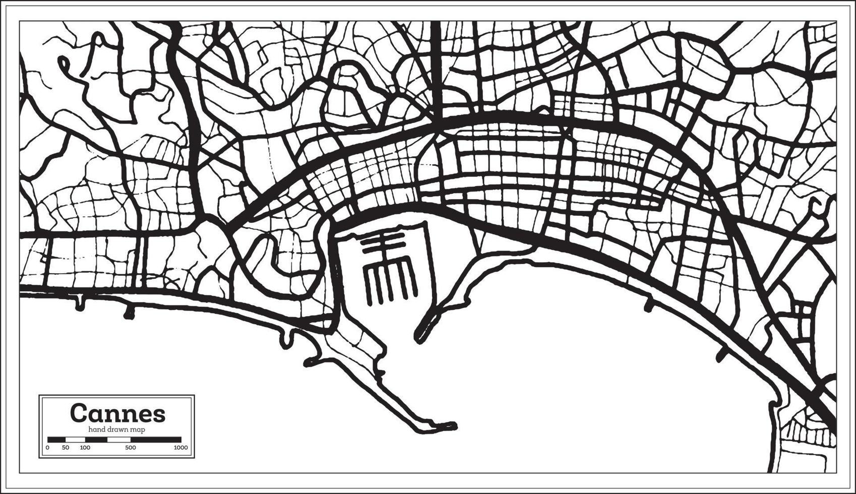 mapa da cidade de cannes frança na cor preto e branco em estilo retrô. mapa de contorno. vetor