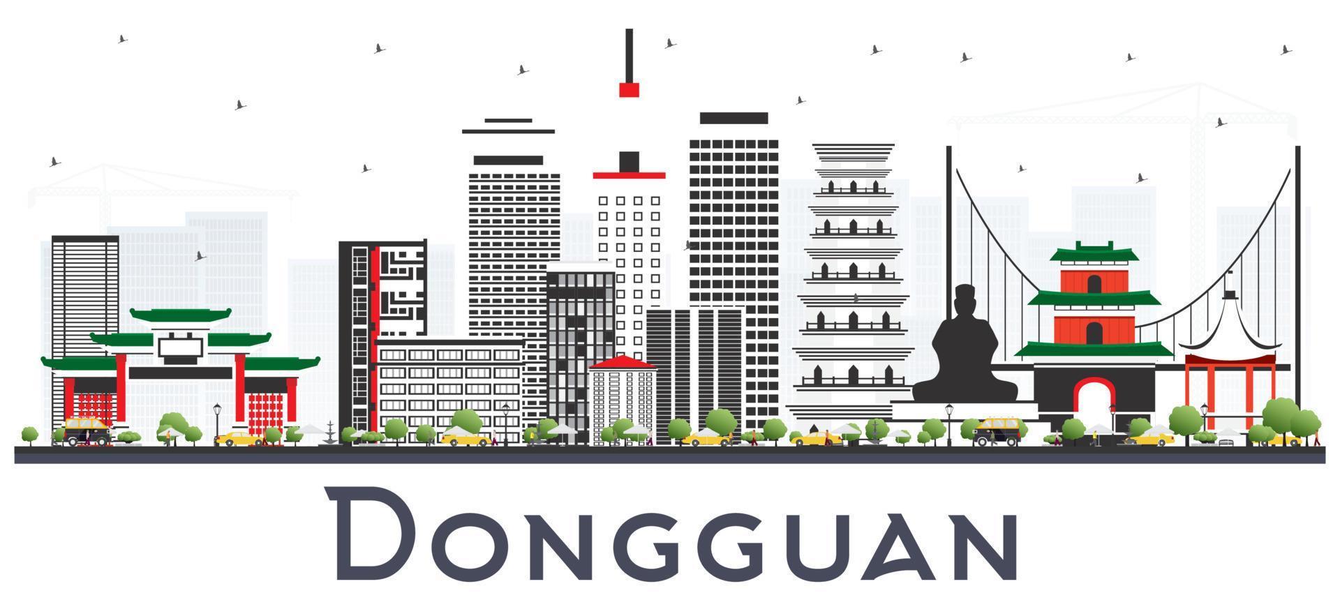 horizonte da cidade de dongguan china com edifícios cinza isolados no branco. vetor