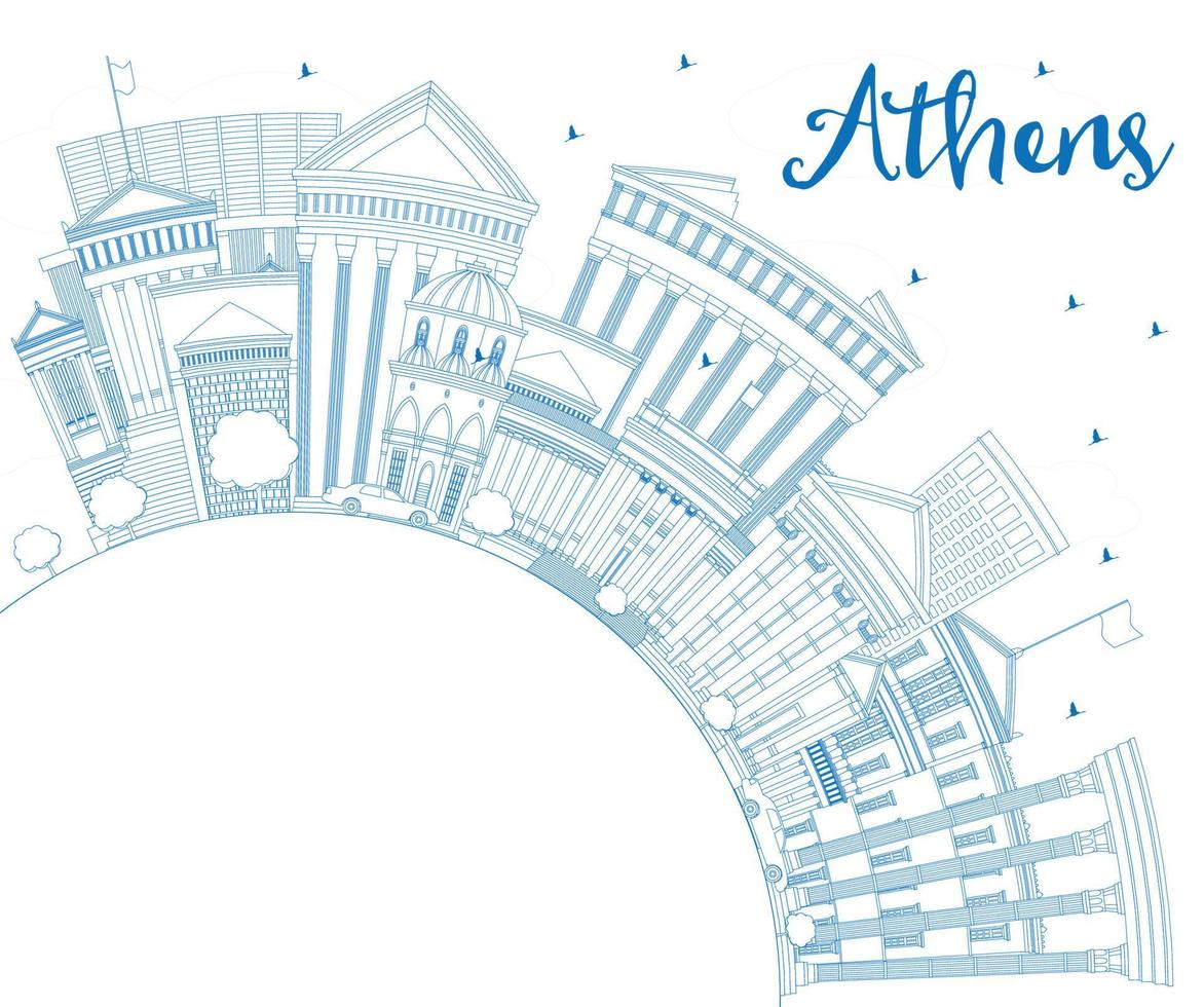 delineie o horizonte da cidade de Atenas na Grécia com edifícios azuis e copie o espaço. vetor