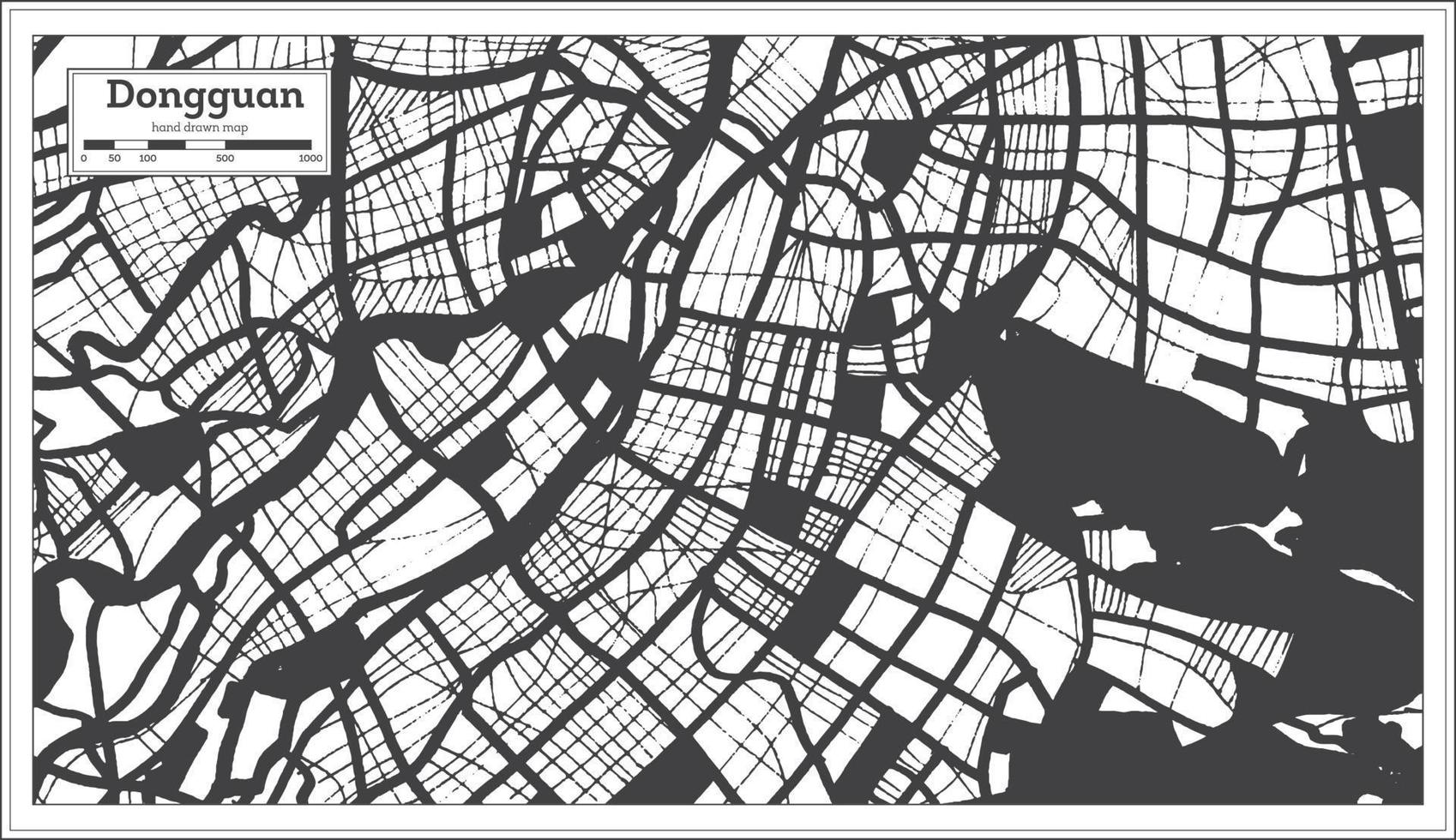 Mapa da cidade de Dongguan China na cor preto e branco em estilo retrô. mapa de contorno. vetor