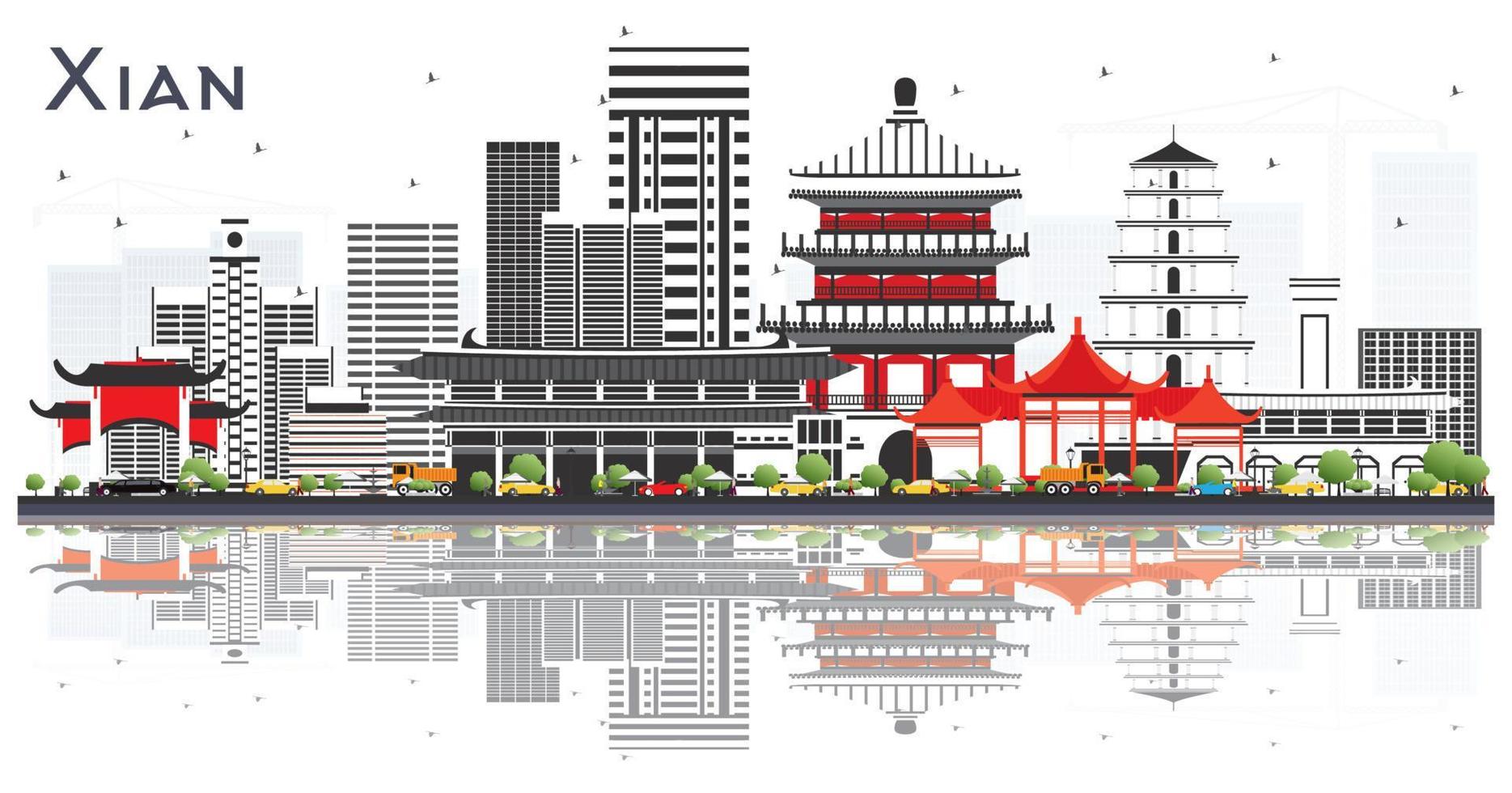 horizonte da china xian com edifícios coloridos e reflexões isoladas em branco. vetor