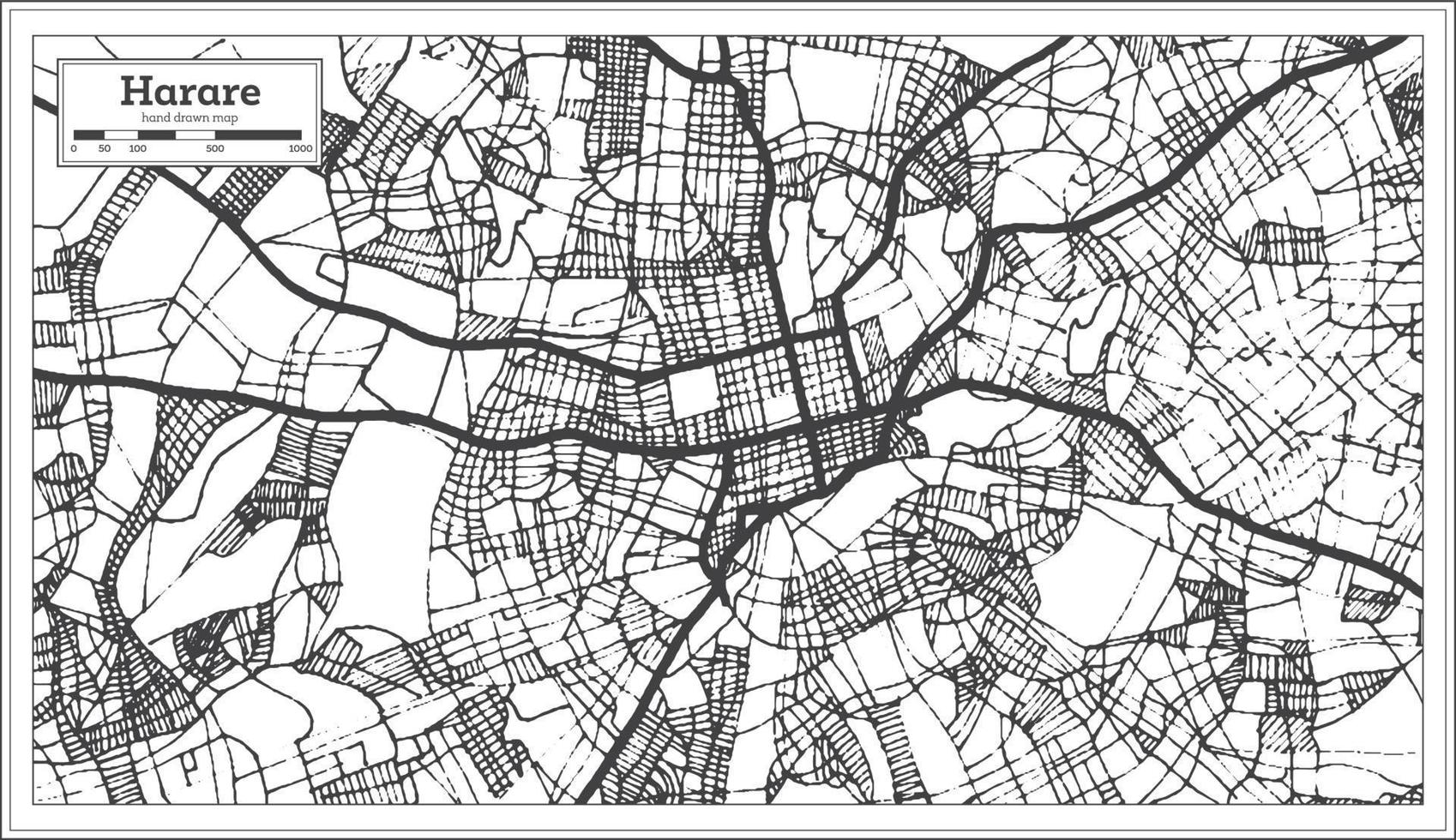 mapa da cidade de harare zimbabwe na cor preto e branco. mapa de contorno. vetor