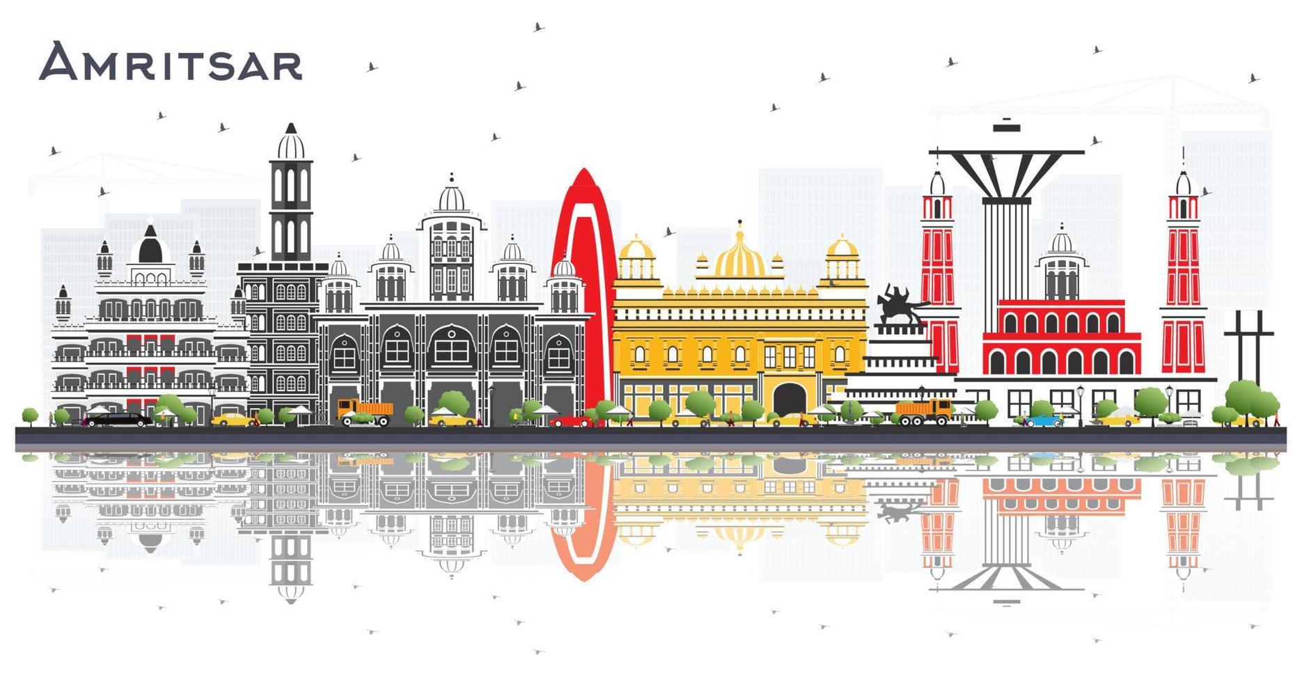 Amritsar Índia horizonte da cidade com edifícios cinza e reflexões isoladas em branco. vetor