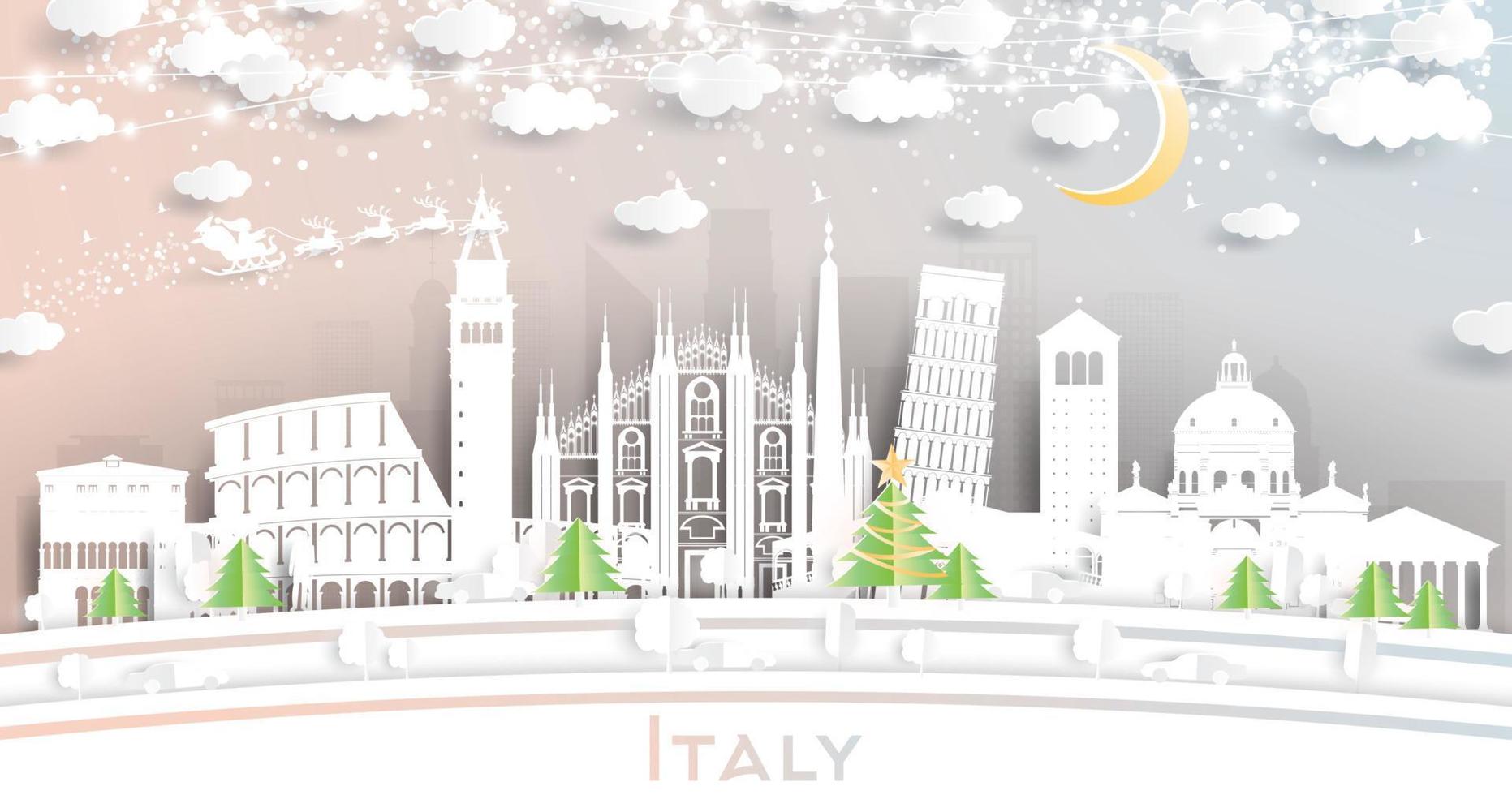 Horizonte da cidade de Itália em estilo de corte de papel com flocos de neve, lua e guirlanda de néon. vetor
