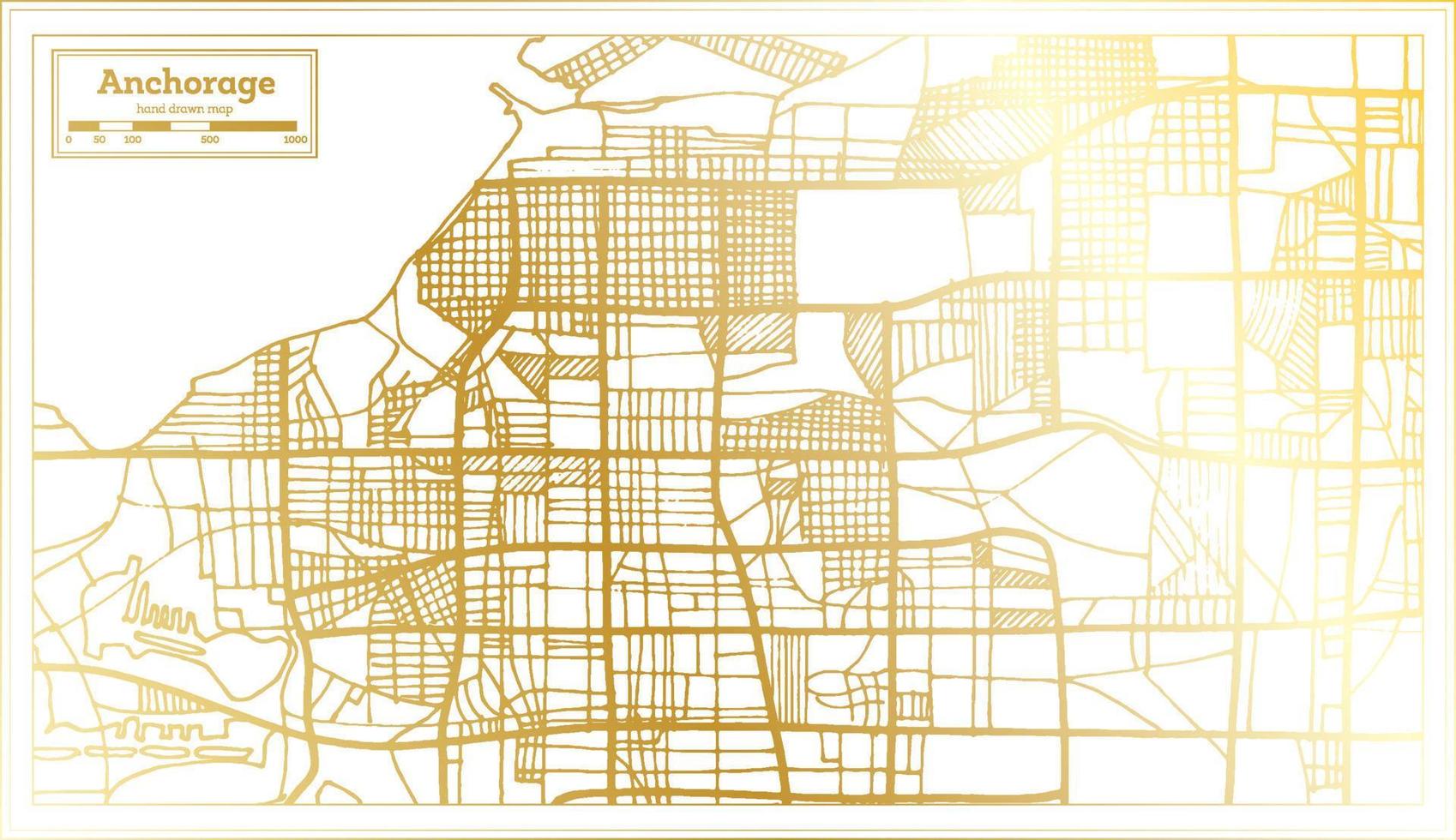 mapa da cidade de ancoragem alasca eua em estilo retrô na cor dourada. mapa de contorno. vetor