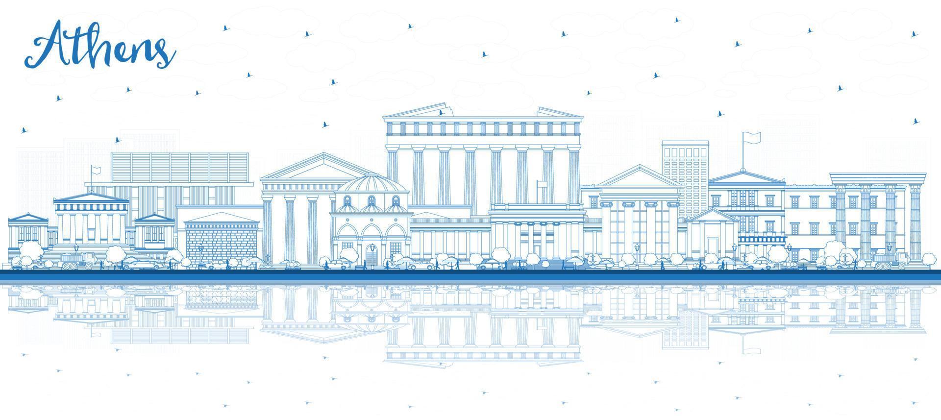delineie o horizonte da cidade de Atenas na Grécia com edifícios azuis e reflexos. vetor