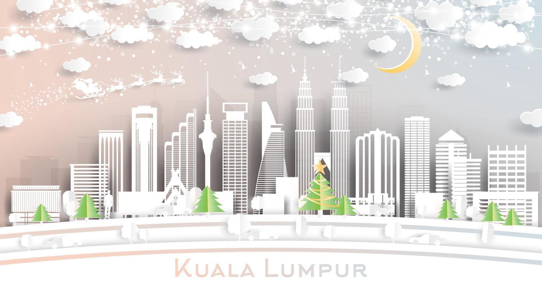 horizonte da cidade de kuala lumpur malásia em estilo de corte de papel com flocos de neve, lua e guirlanda de néon. vetor