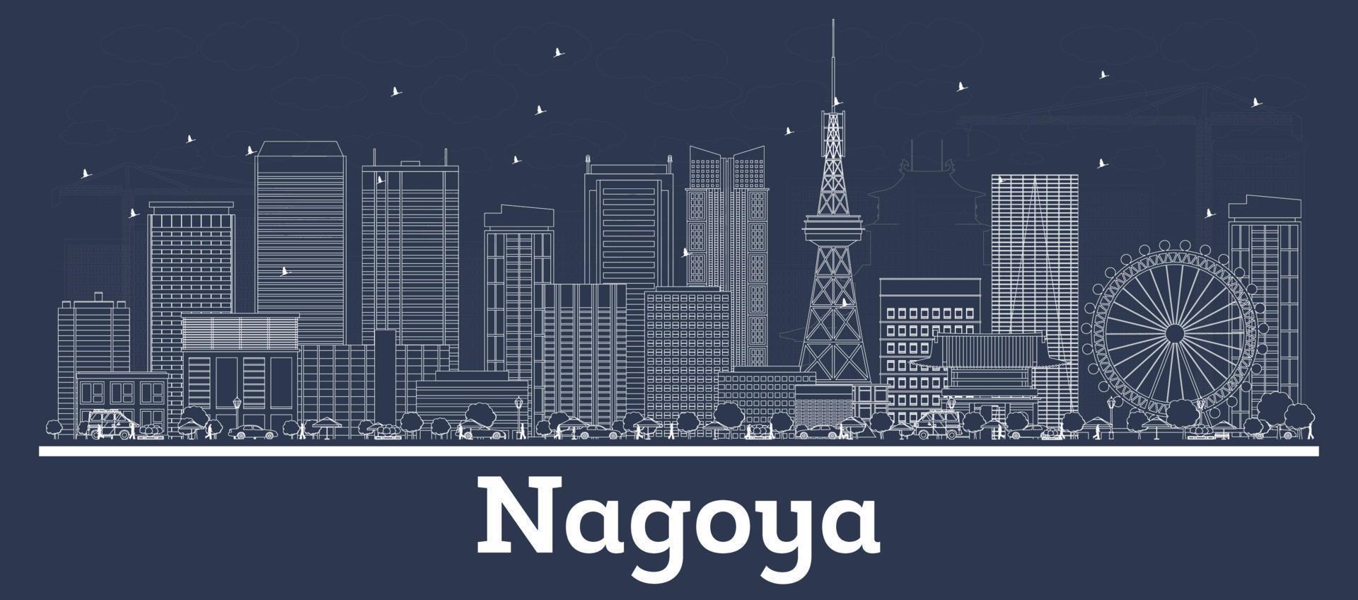 delineie o horizonte da cidade de nagoya japão com edifícios brancos. vetor