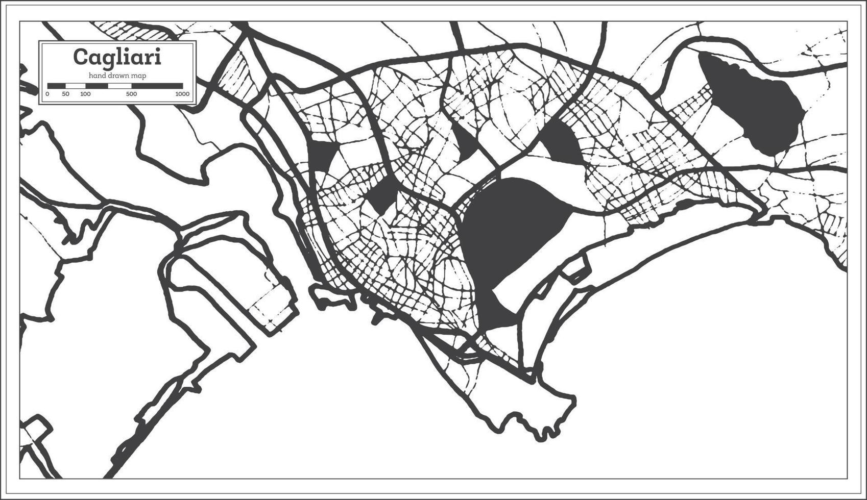 mapa da cidade de cagliari itália na cor preto e branco em estilo retrô. mapa de contorno. vetor