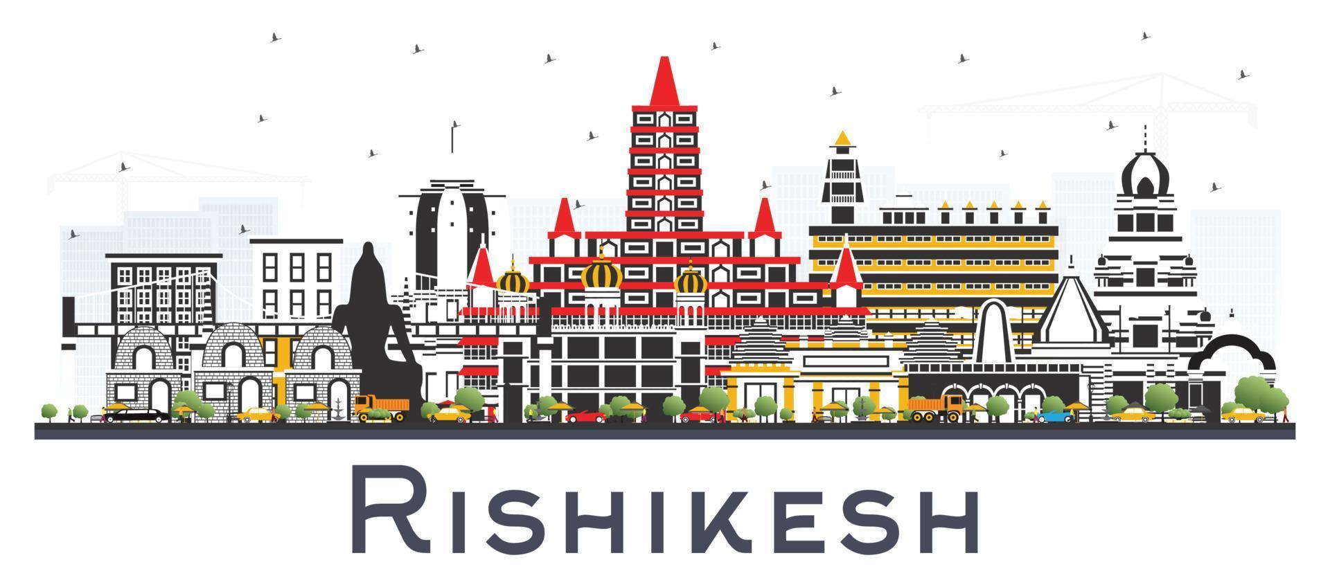 horizonte da cidade de rishikesh índia com edifícios coloridos isolados em branco. vetor