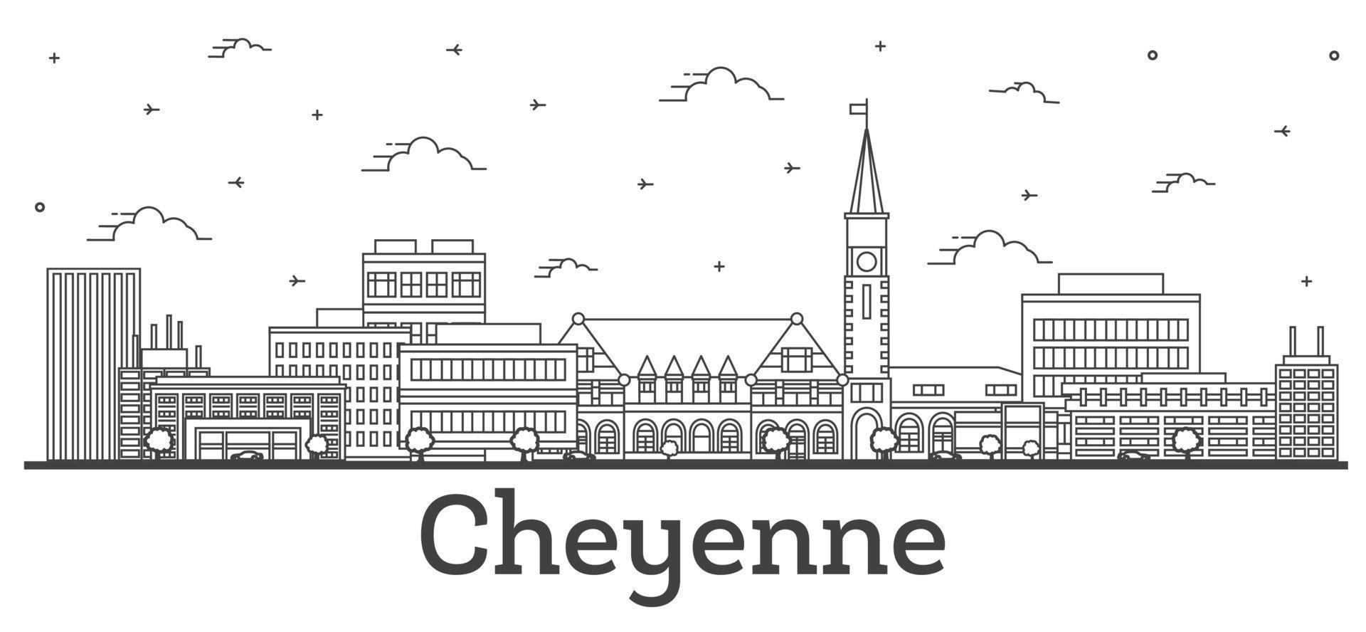 delineie o horizonte da cidade cheyenne wyoming com edifícios modernos isolados no branco. vetor