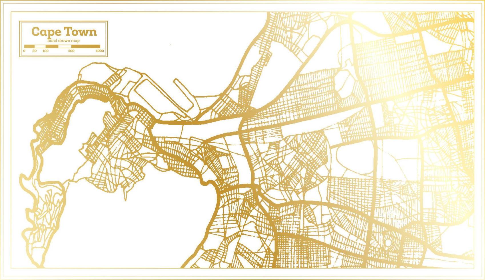 mapa da cidade da áfrica do sul da cidade do cabo em estilo retrô na cor dourada. mapa de contorno. vetor