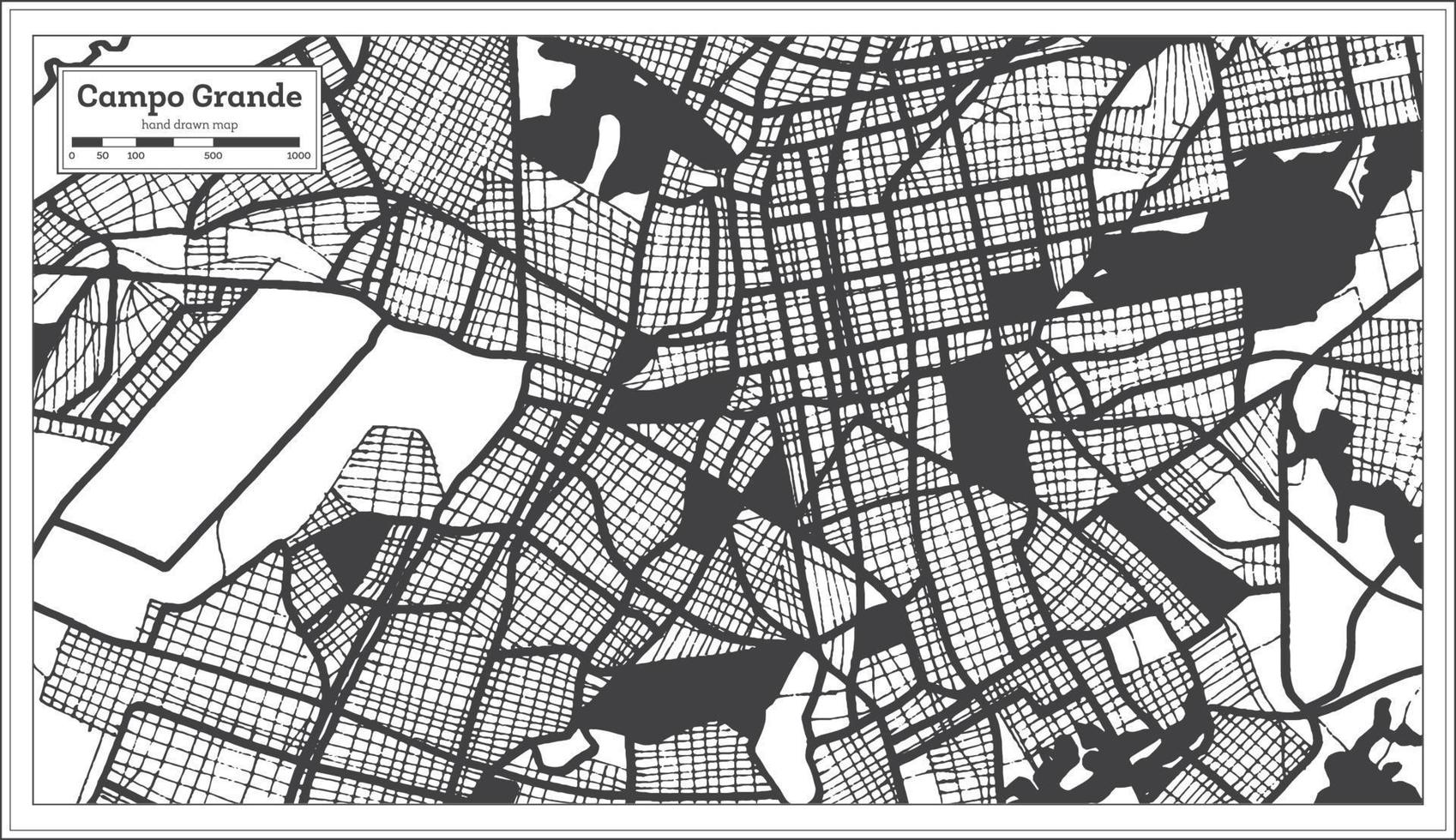 mapa da cidade de campo grande brasil na cor preto e branco no estilo retrô. mapa de contorno. vetor