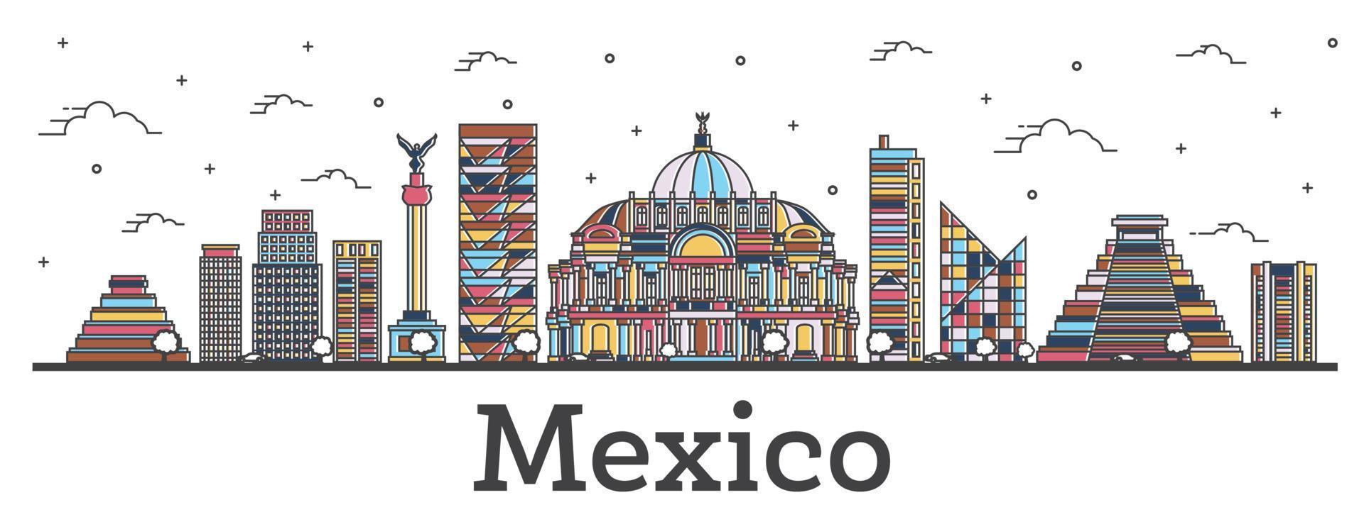 delineie o horizonte da cidade do méxico com edifícios coloridos isolados em branco. vetor