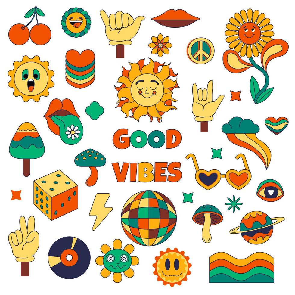 adesivos hippie e emoticons, apenas boas vibrações vetor