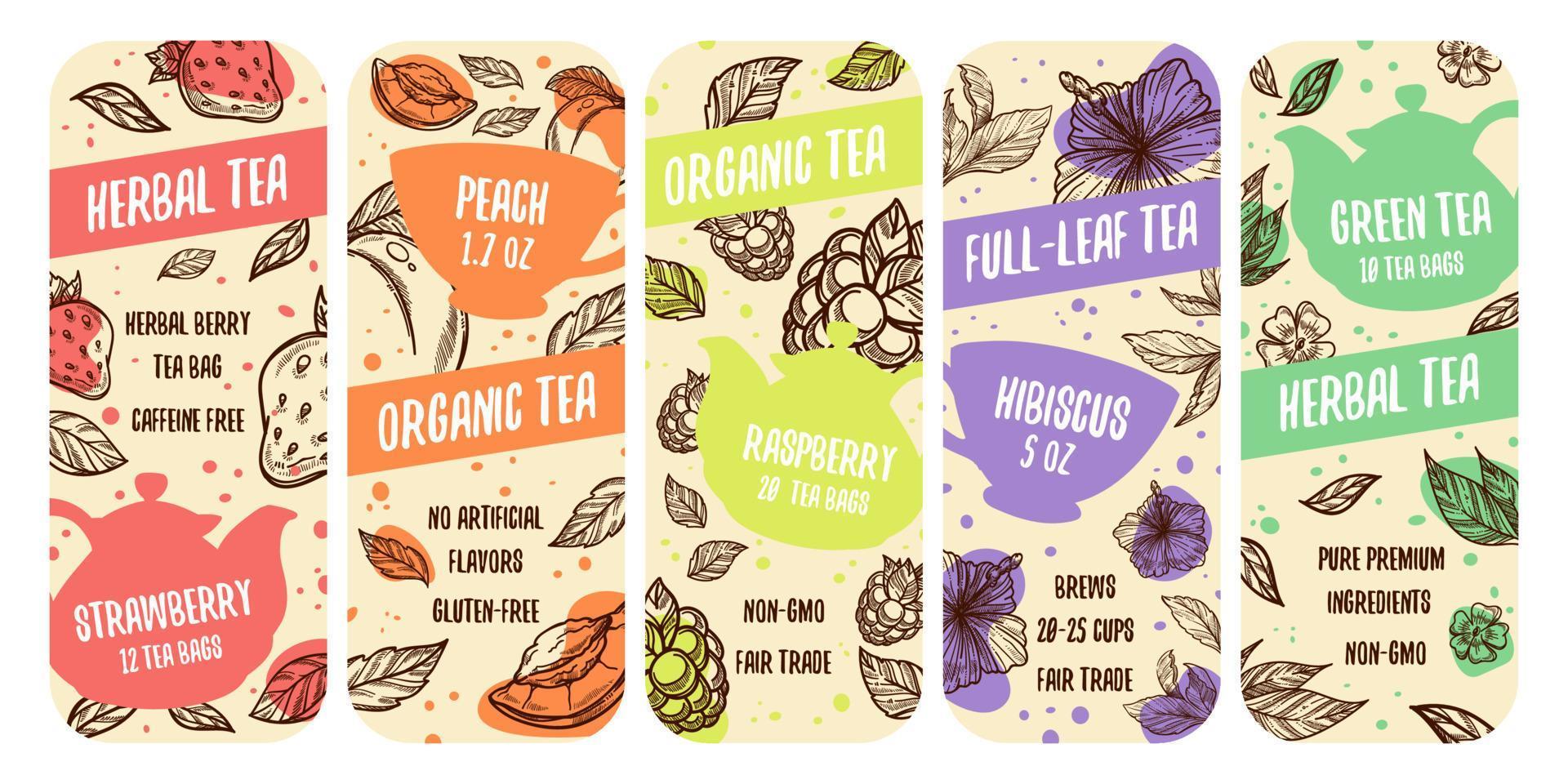 conjunto de design de rótulo de embalagem para chá de ervas orgânico vetor