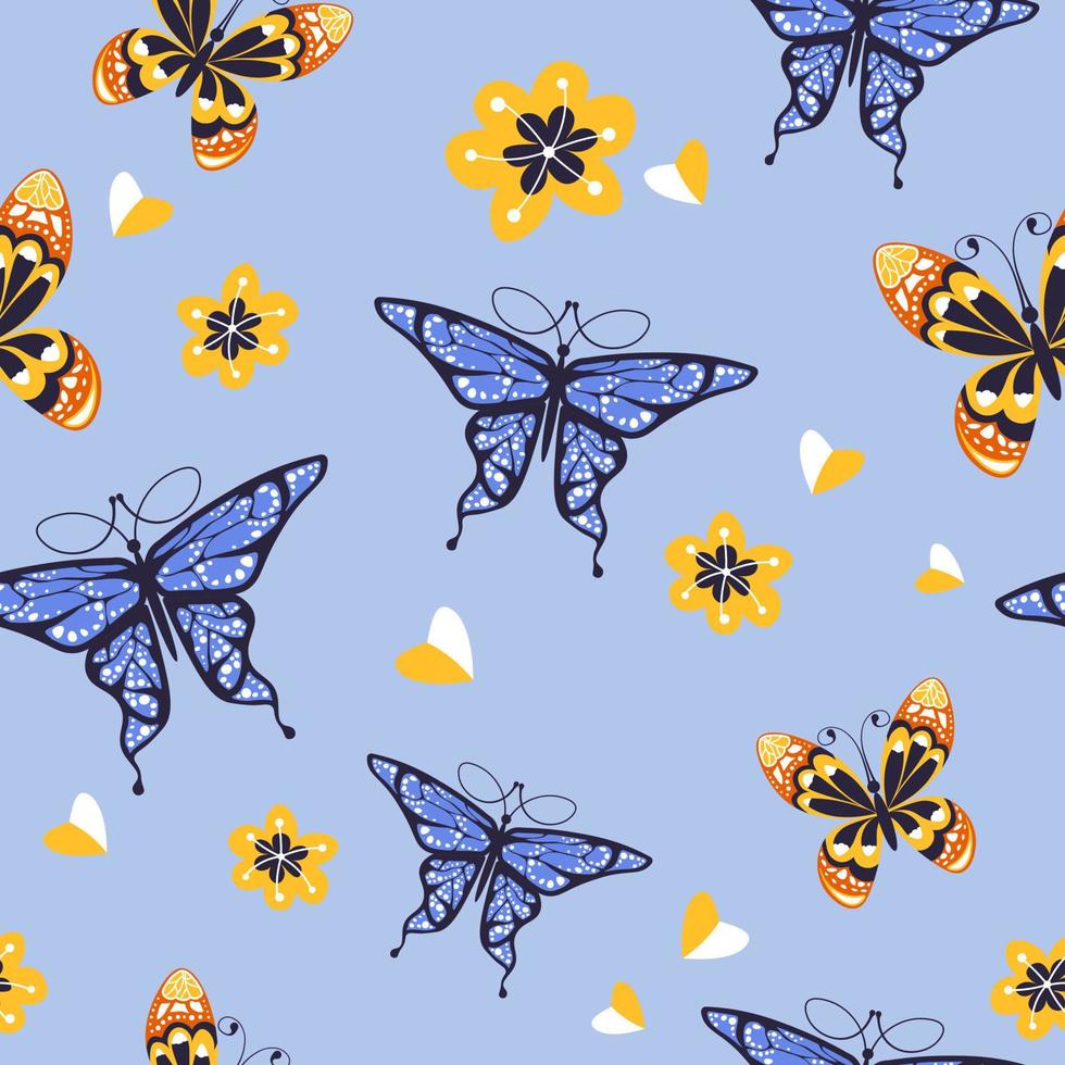 borboletas voando e padrão de flores desabrochando vetor