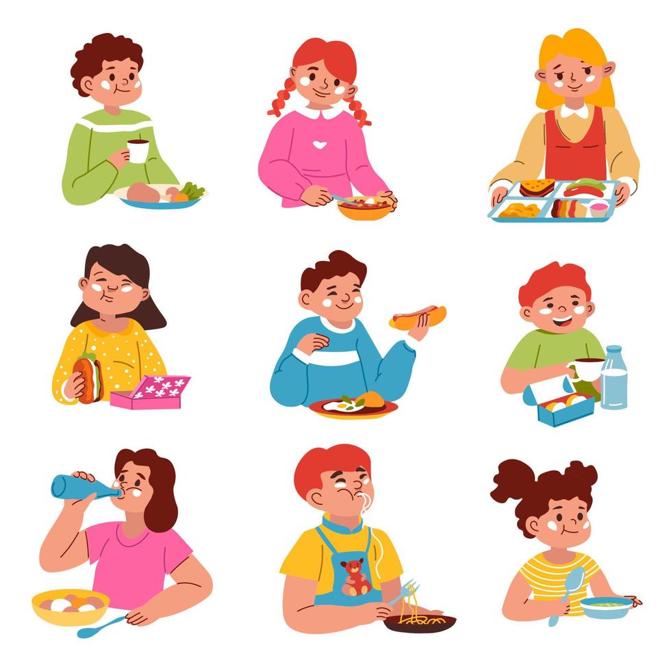 crianças comendo comida na escola ou almoço em casa vetor
