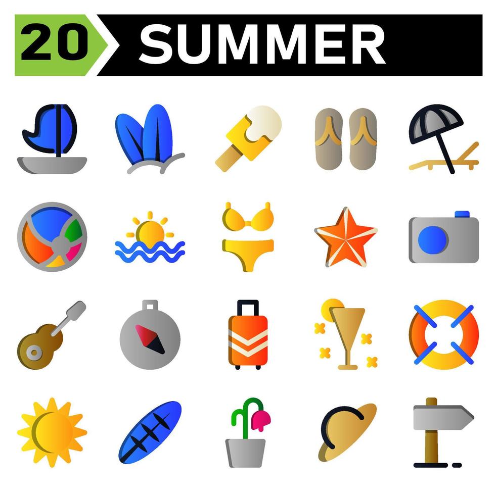 conjunto de ícones de verão inclui vela, barco, verão, navio, transporte, férias, surfista, praia, bordo, sorvete, viagem, viagem, chinelos, espreguiçadeira, férias, guarda-chuva, bola, esporte, pôr do sol, biquíni, sexy vetor