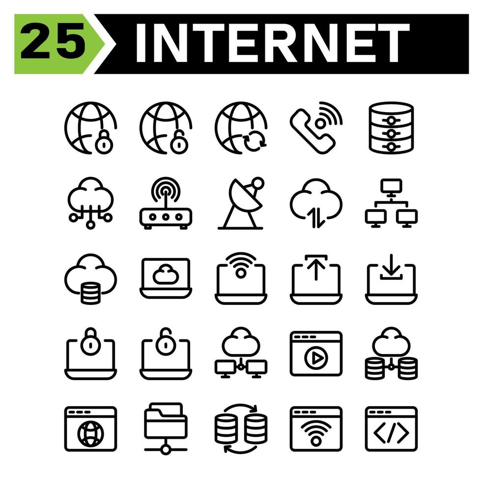 conjunto de ícones de interface de nuvem inclui bloqueio, Internet, rede, rede, segurança, cadeado, conexão, sincronização, telefone, ligar, banco de dados, online, armazenamento, servidor, computação, nuvem, dados, modem, roteador, satélite vetor