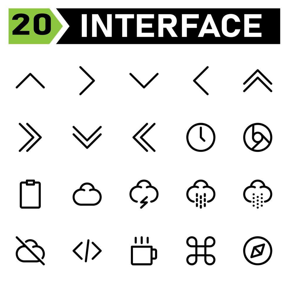 conjunto de ícones da interface do usuário inclui chevron, cima, setas, interface do usuário, direita, baixo, esquerda, relógio, data, tempo, cromado, google, navegador, área de transferência, lista de verificação, tarefas, nuvem, clima, relâmpago, trovão vetor