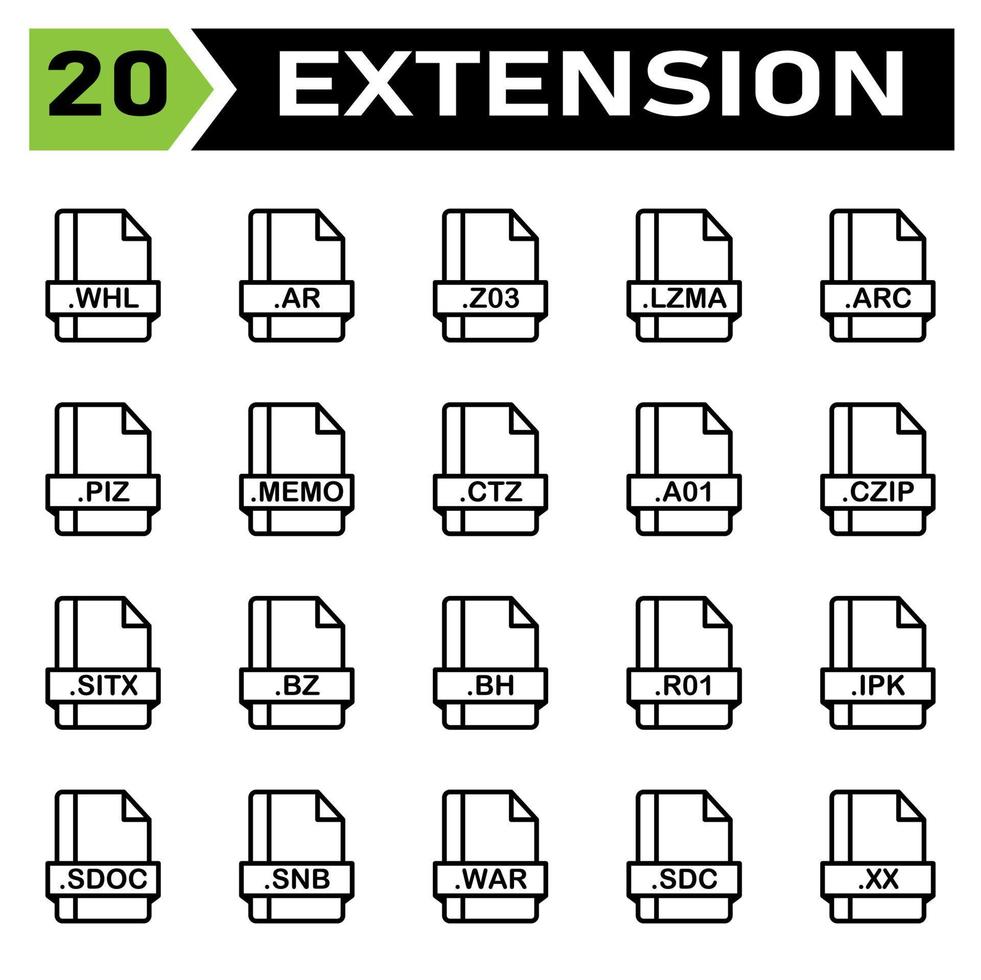 conjunto de ícones de extensão de arquivo inclui arquivo, documento, extensão, ícone, tipo, conjunto, formato, vetor, símbolo, design, gráfico, software, placa, aplicativo, imagem, rótulo, whl, ar, Z03, lzma, arco, piz, memorando , ctz vetor