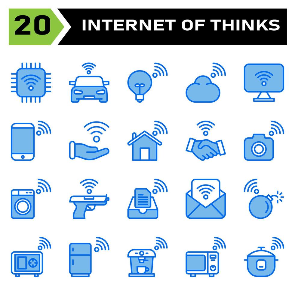 conjunto de ícones da internet das coisas inclui chip, internet das coisas, processador, conjunto de chips, carro, carro inteligente, luminária, nuvem, computação, computador, área de trabalho, telefone, móvel, mão, conectando, casa, casa, contrato vetor