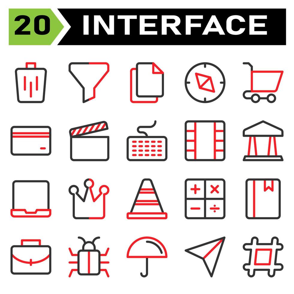 o conjunto de ícones da interface do usuário inclui lixeira, lixeira, cesta, excluir, remover, funil, classificar, filtrar, interface do usuário, arquivo, duplicar, colar, papel, copiar, bússola, direção, navegar, navegação, carrinho, comprar vetor