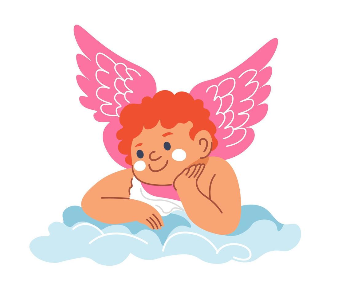menino anjo bonito com asas sentado na nuvem vetor